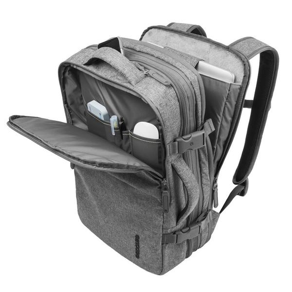 grey open backpack